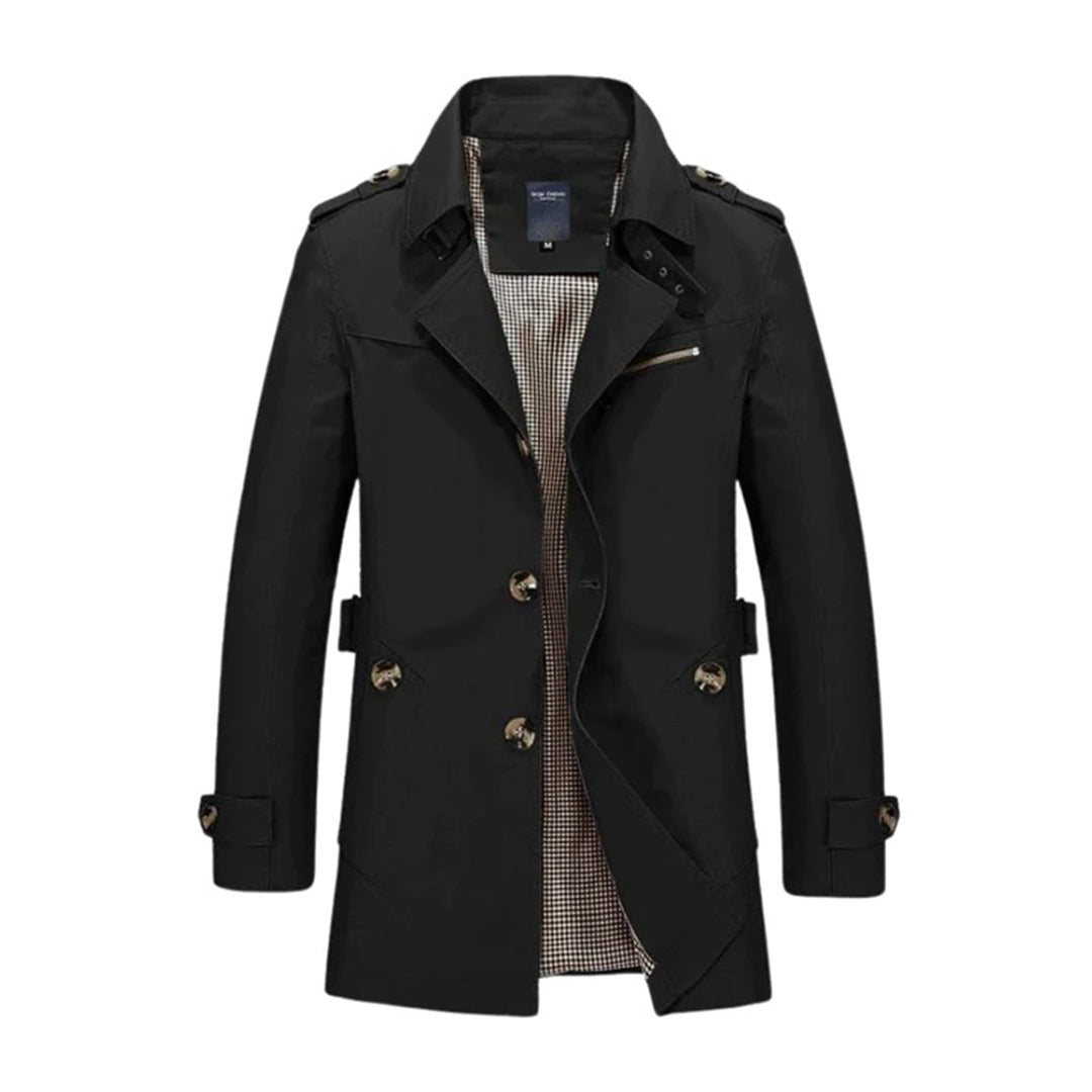Men's beige classic double-breasted trench coat with belted waist and water-resistant finish