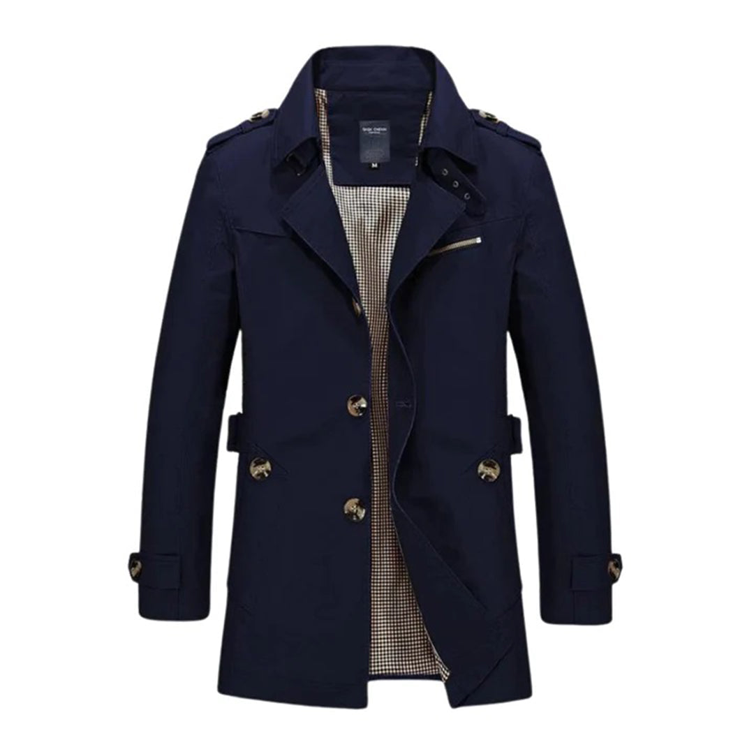 Men's classic double-breasted belted trench coat in neutral tone, water-resistant tailored outerwear