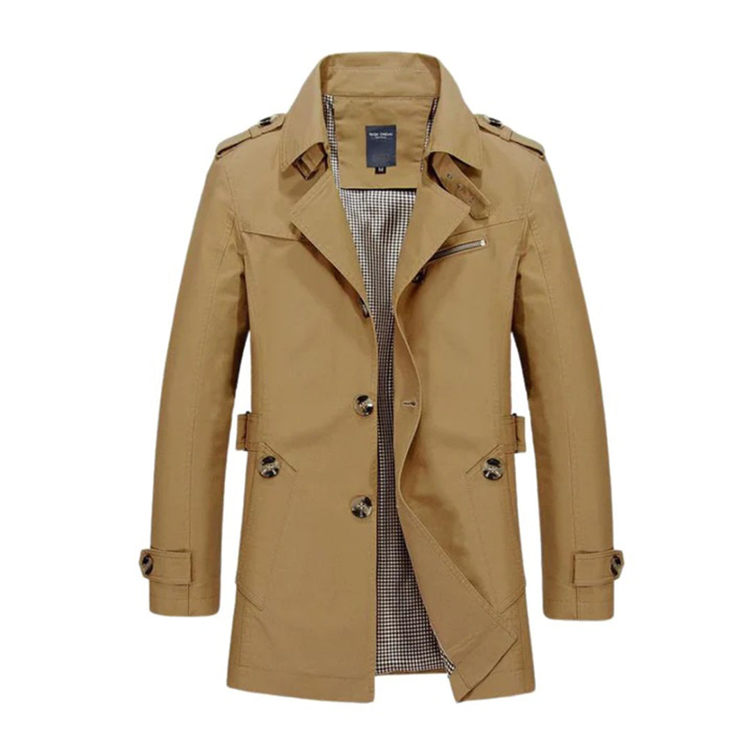 Men's beige classic double-breasted belted trench coat with water-resistant finish for all-weather style