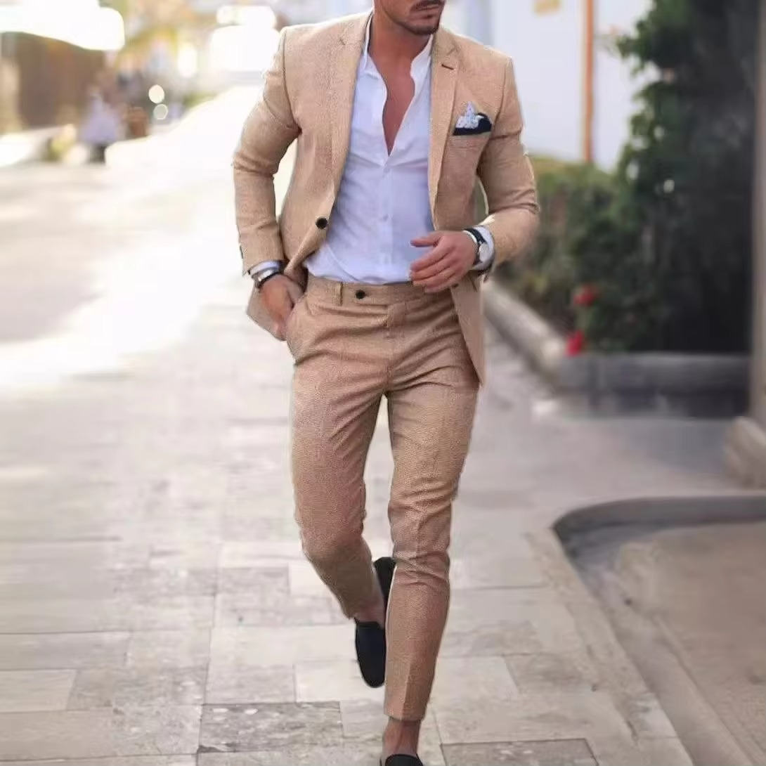 Men's light beige linen two-piece blazer and pants suit set, slim-fit, breathable for summer events