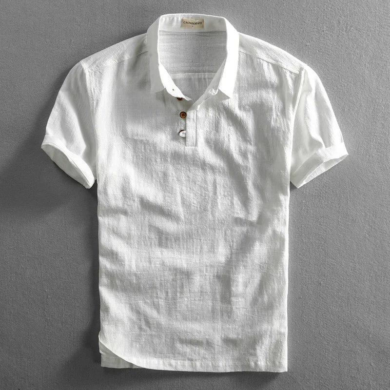 Men's light blue linen-cotton blend polo shirt relaxed fit classic collar lightweight breathable