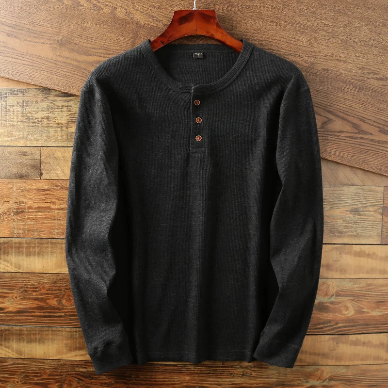 Charcoal waffle knit Henley long sleeve shirt with minimalist design and premium cotton blend fabric