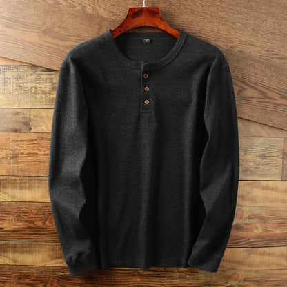 Charcoal waffle knit Henley long sleeve shirt with minimalist design and premium cotton blend fabric