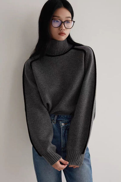 Rosalia cozy knitted turtleneck with bold contrast seams, ribbed neckline, perfect for layering