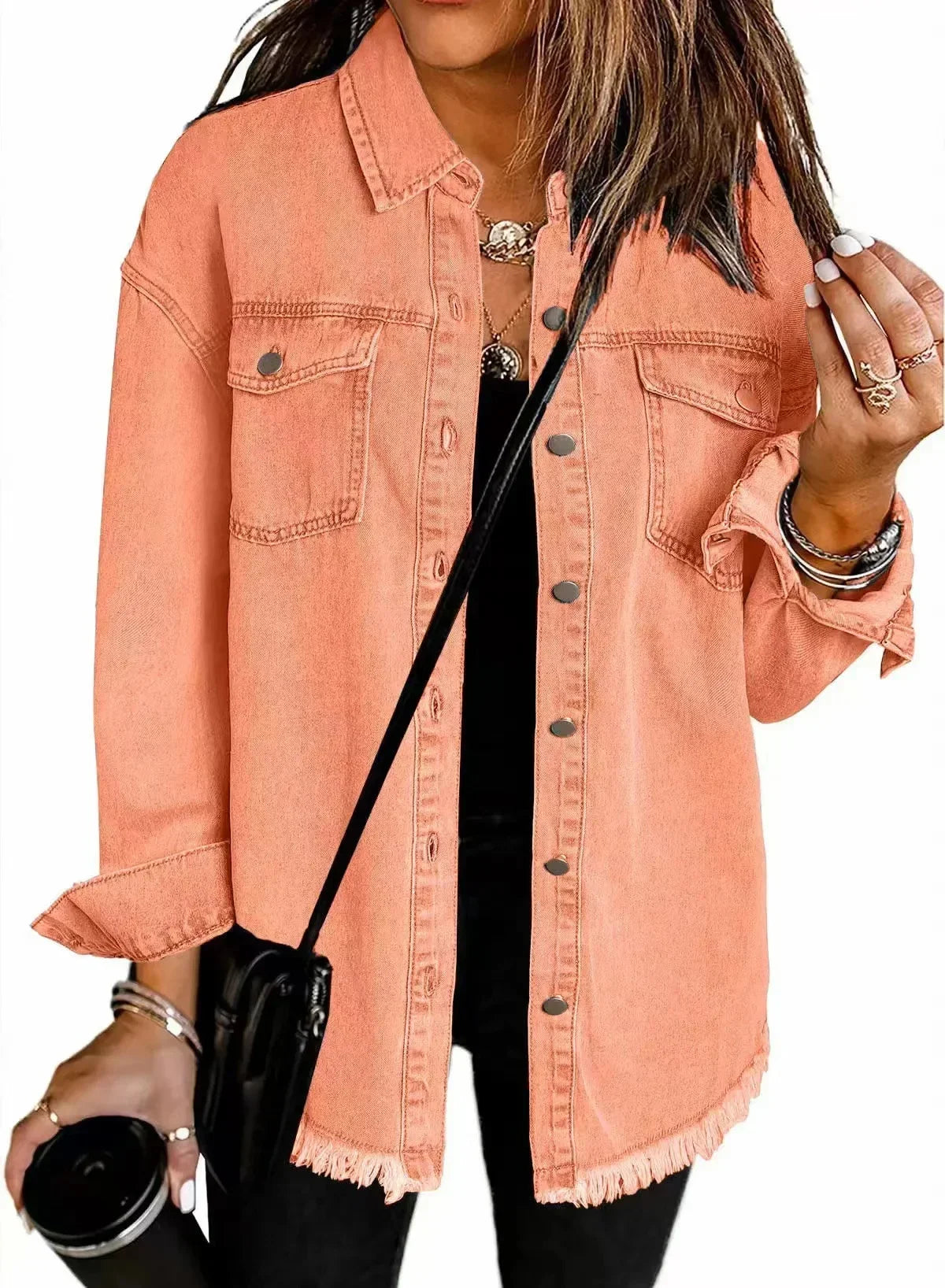 Washed denim shirt jacket relaxed fit with raw fringe hem, casual street-ready layering piece
