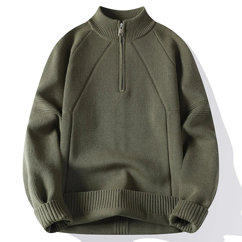 Men's mock neck half-zip knit sweater in neutral tone, slim fit with clean collar detail