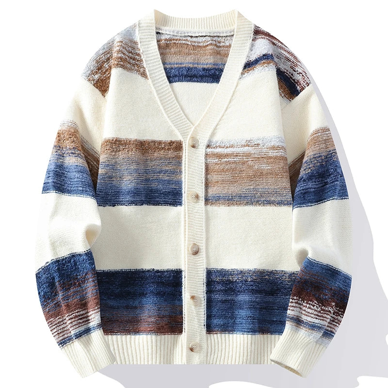 Multicolor brushstroke stripe cardigan with V-neck, relaxed fit, ribbed edges and faux horn buttons