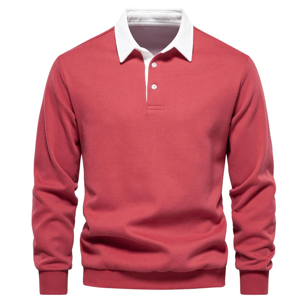 Navy cotton knit polo pullover sweater with white contrast collar, classic smart-casual men's fit