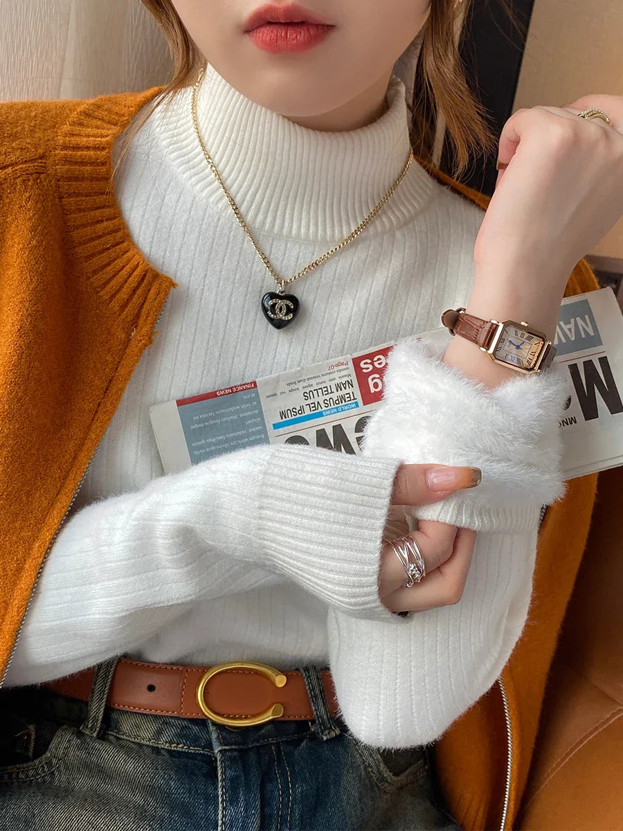 Women's slim fit ribbed knit turtleneck sweater with luxurious velvety cuffs, long sleeve elegant style