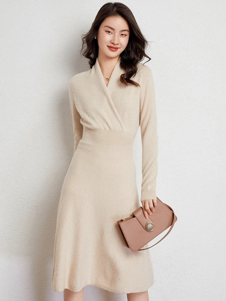 Matilda ultrasoft cashmere wrap dress with flattering V-neck and figure-forming waist in luxe drape