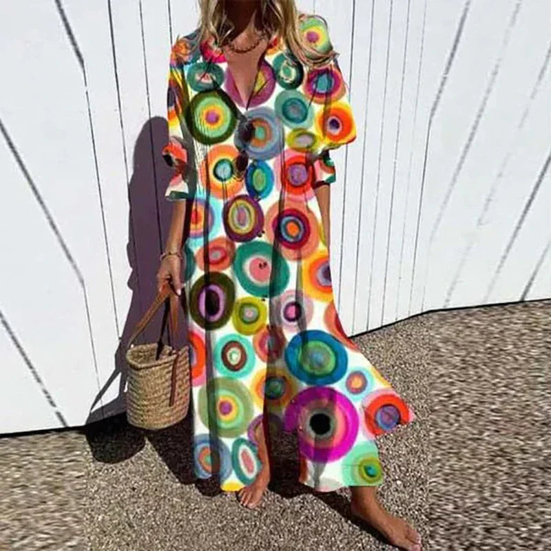 Floral boho midi dress in soft earth tones, flowy silhouette with lightweight fabric for effortless summer style
