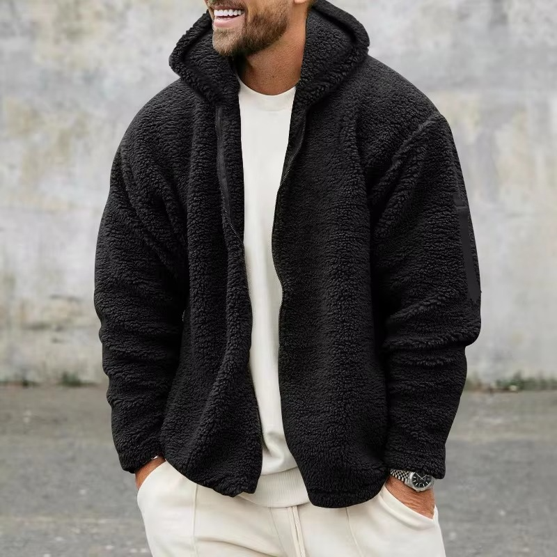 Men's reversible fleece hooded jacket cozy two-tone layering piece for fall and winter warmth