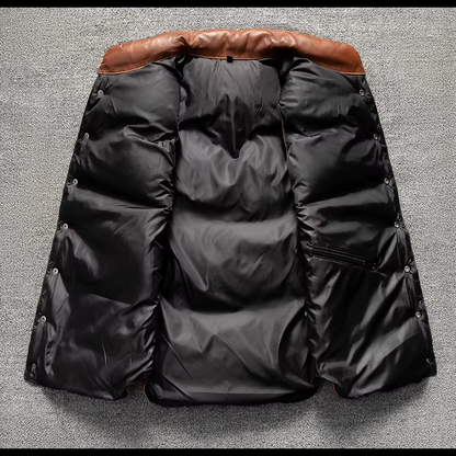 Men's brown quilted lambskin leather biker vest with elegant diamond puffer pattern