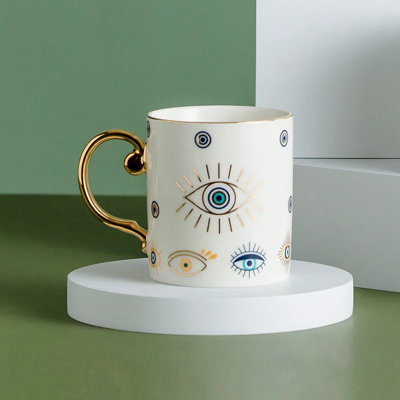 Evil Eye ceramic mug white gold handle Turkish craftsmanship protective talisman design