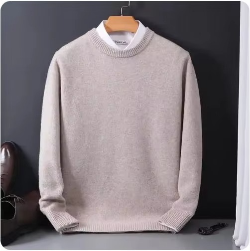 Navy cashmere blend O-neck men's pullover sweater, slim knit silhouette with refined minimalist style