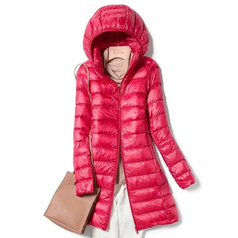 Women's slim fit long hooded down parka lightweight winter coat with adjustable hood