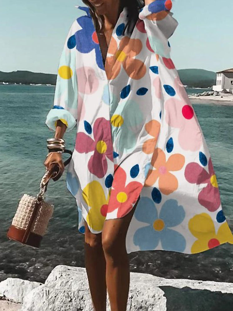 Floral oversized midi shirt dress relaxed silhouette breezy summer style vibrant print flattering fit