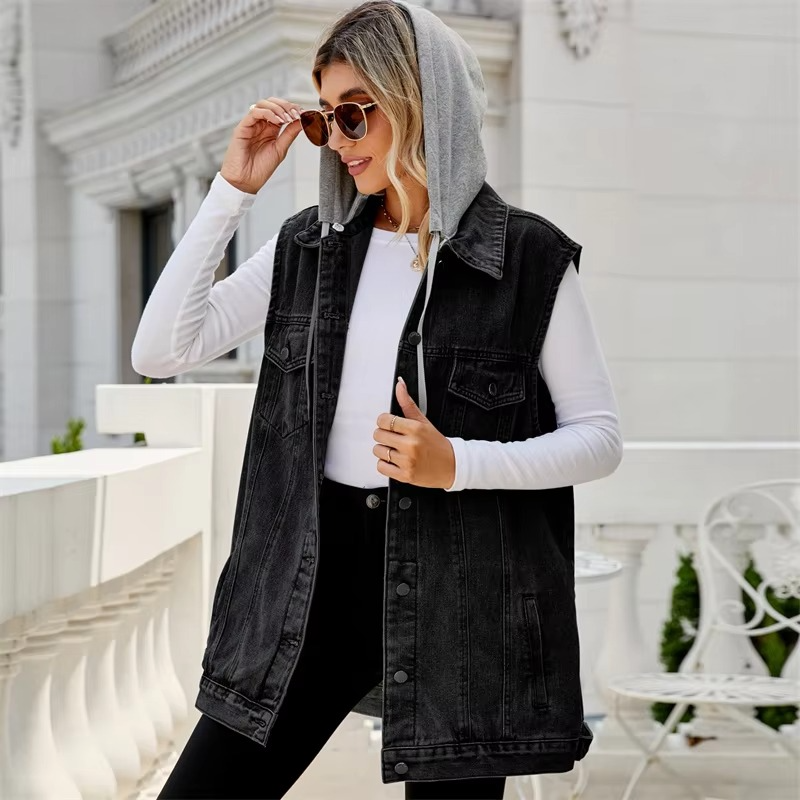 Women's blue denim vest detachable hood versatile layering sleeveless casual chic everyday fashion