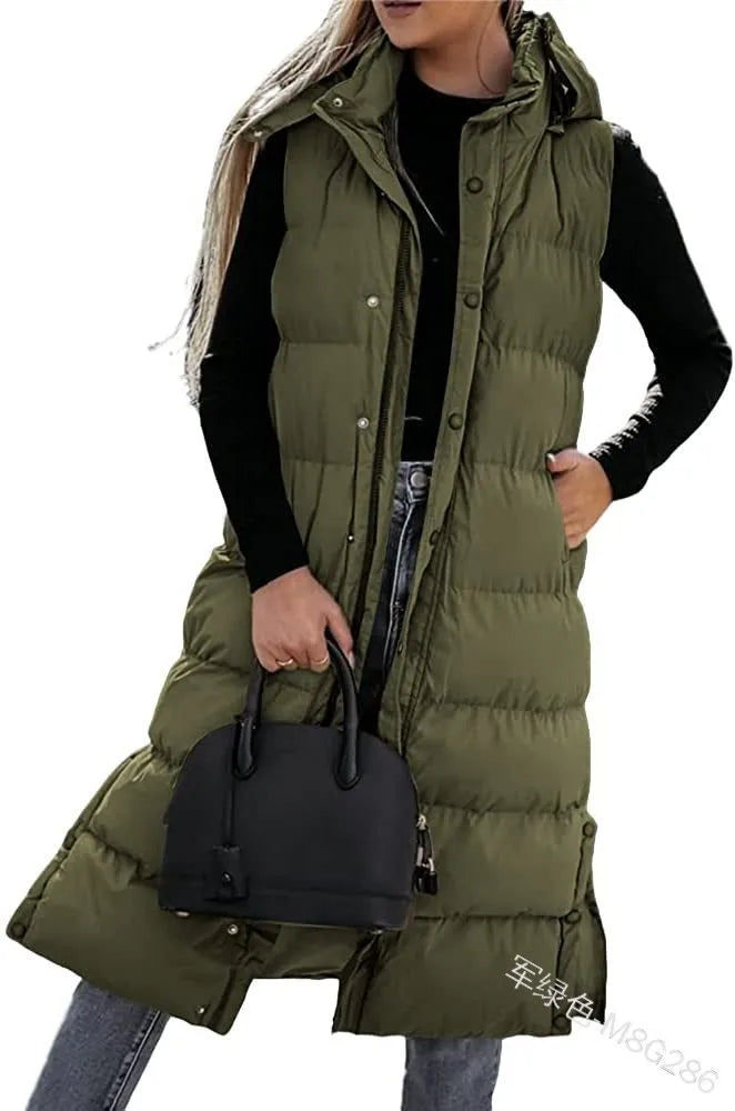 Kathleen long quilted puffer jacket with hood, side slits, all-season insulated warmth