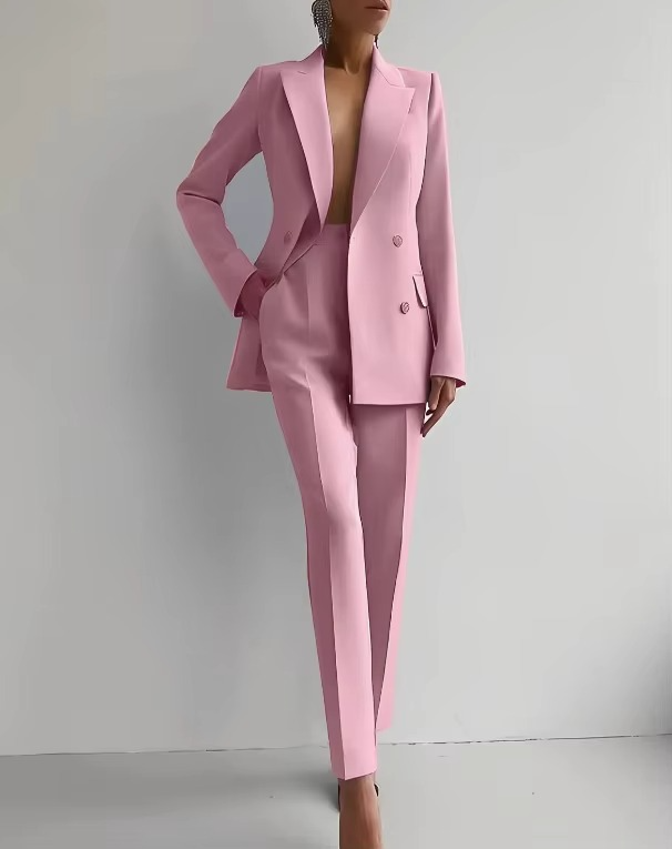 Women's solid color blazer and high-waist pants 2-piece set, tailored workwear coordinated suit