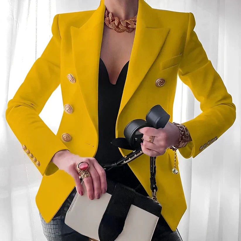 Women's classic double-breasted blazer tailored fit structured shoulders gold-tone buttons polished style
