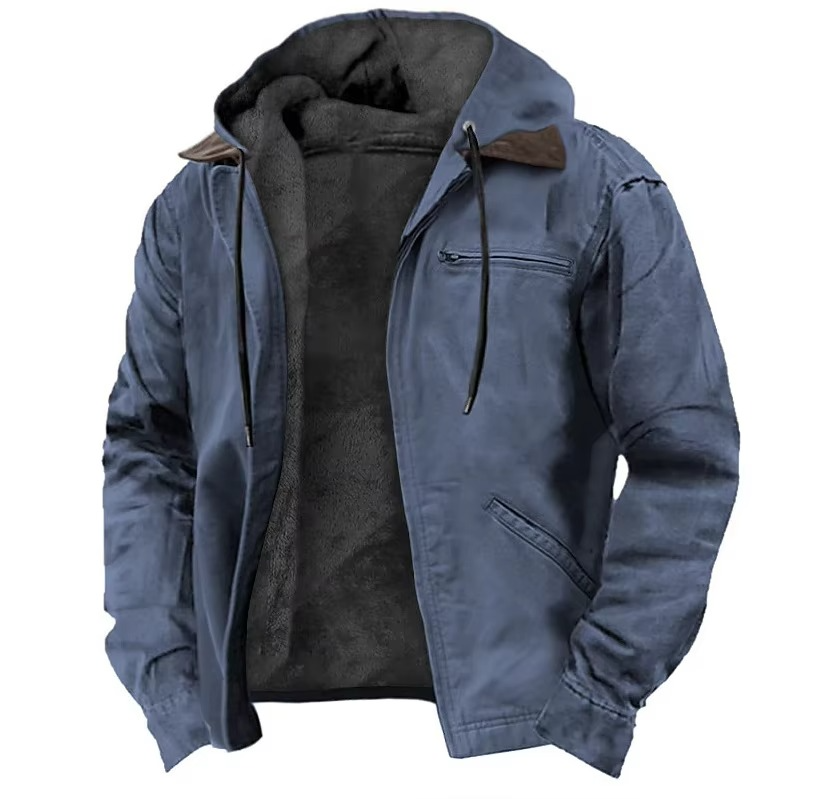 Men's winter fleece hooded jacket with zipper pockets, warm fleece lining, casual outdoor fit