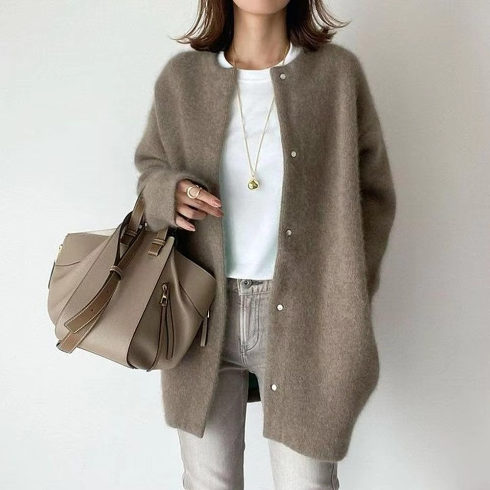Mink velvet knit cardigan coat women mid-length A-line loose draped silhouette cozy warm layer