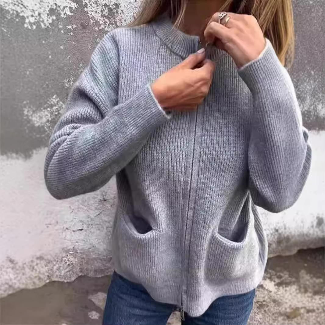 Women's cozy stand collar knit jacket with full-length zipper, warm everyday layering essential
