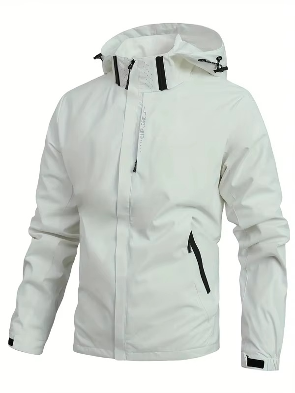 Men's lightweight packable waterproof hooded rain jacket in neutral tone, slim outdoor fit
