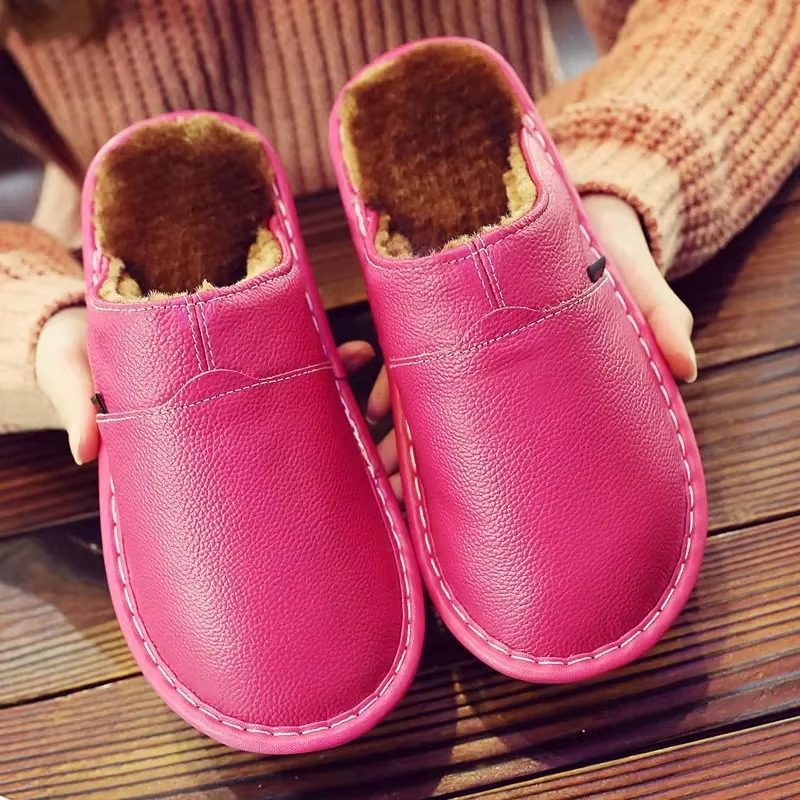 Unisex waterproof leather winter slippers with plush interior lining for cozy indoor warmth
