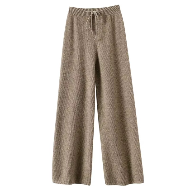 Women's high waist wide-leg woolen knit pants in neutral tones, cozy fall winter soft fabric