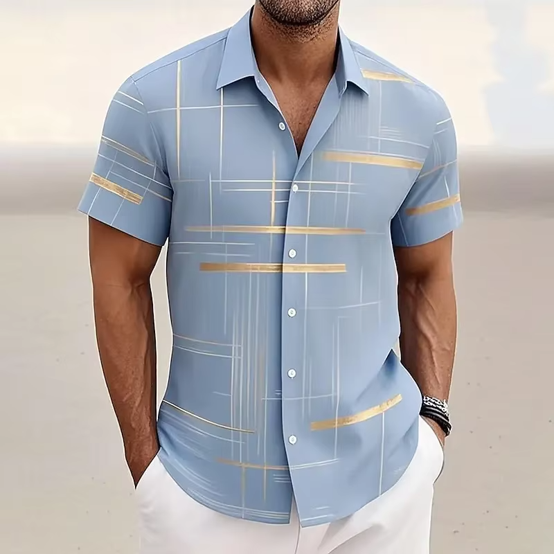 Men's short sleeve button-down shirt navy 3D geometric plaid print modern casual fit
