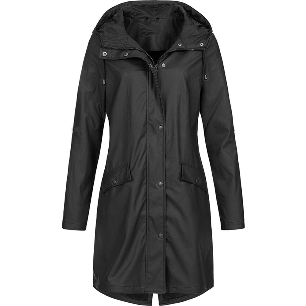 Women's relaxed-fit hooded rain jacket in neutral tones, mid-thigh length with zip front closure