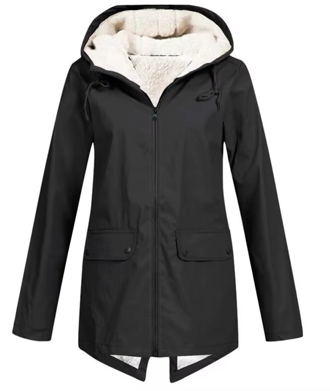 Women's waterproof hooded trench coat, velvet-lined windbreaker in neutral tones for all-weather winter wear