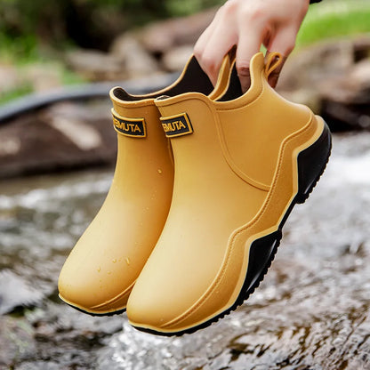 Women's waterproof slip-on outdoor boots in neutral tone with easy pull-on design