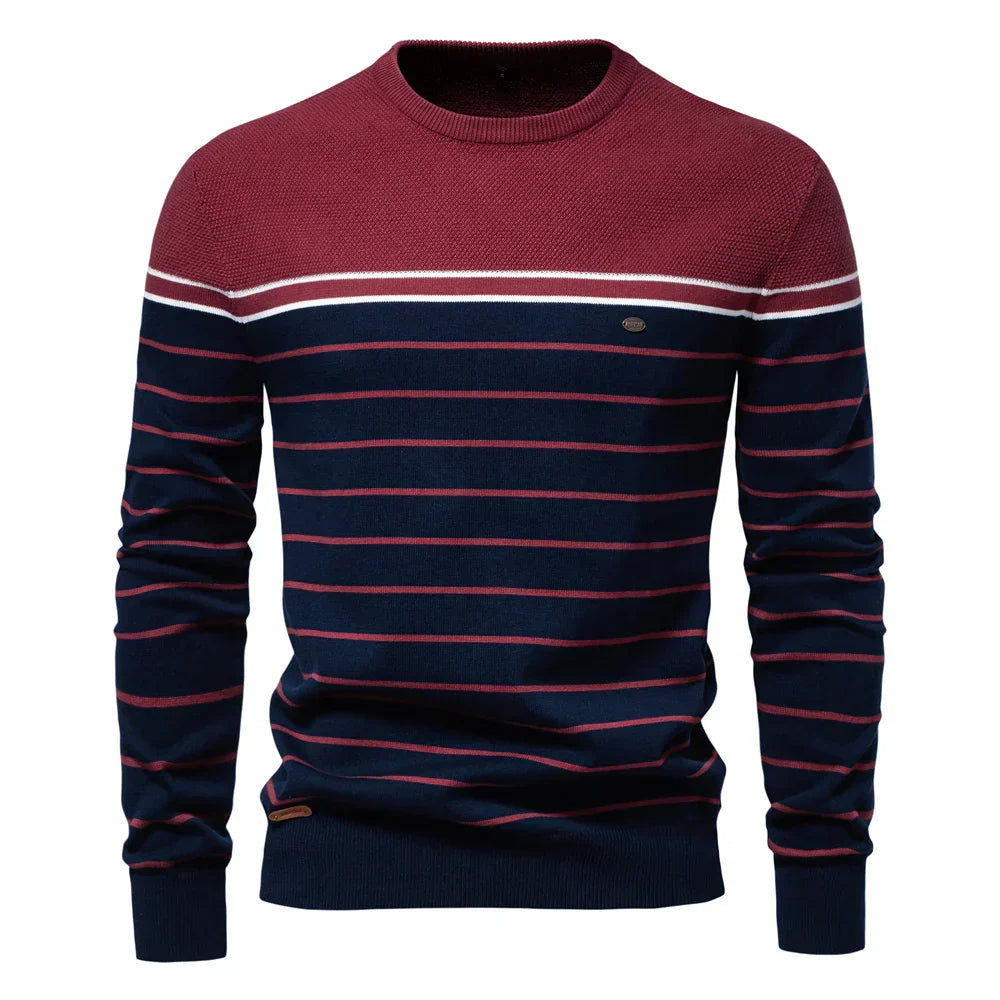 Men's striped crew neck sweater in classic multicolor pattern with modern relaxed fit