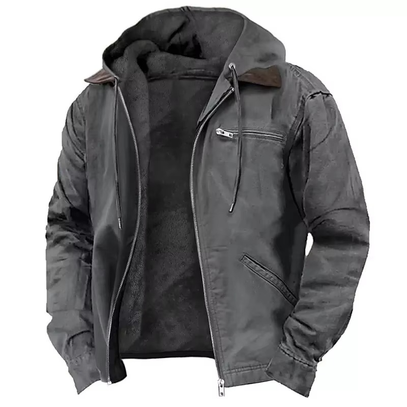Men's heavyweight hooded workwear jacket relaxed fit wind-resistant insulated lining for winter outdoor tasks