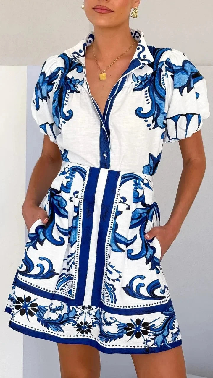 Women's pink red baroque floral mini shirt dress with voluminous puff sleeves and button-front silhouette