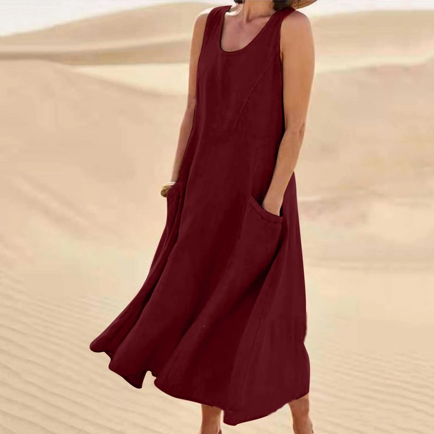 Women's beige cotton linen sleeveless maxi sundress loose fit with pockets, casual beachwear S-5XL