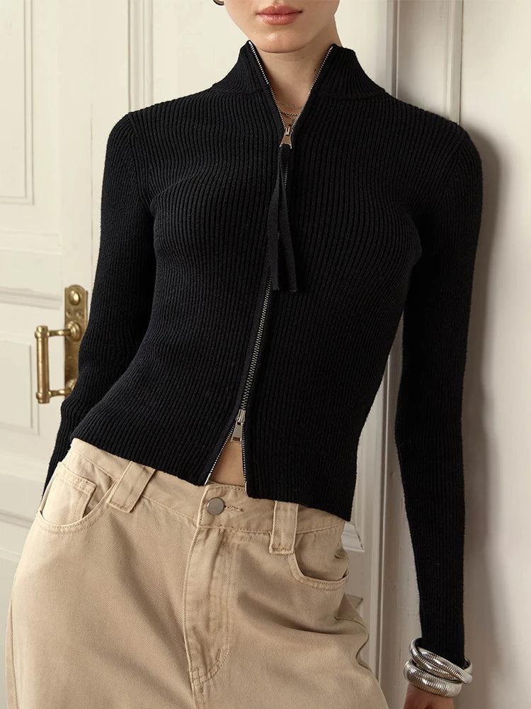 Women's slim fit ribbed knit cardigan with zipper front and stand collar in neutral tone