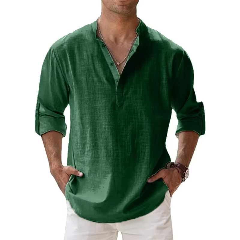 Men's beige cotton-linen Henley shirt long sleeve casual summer fit three-button placket