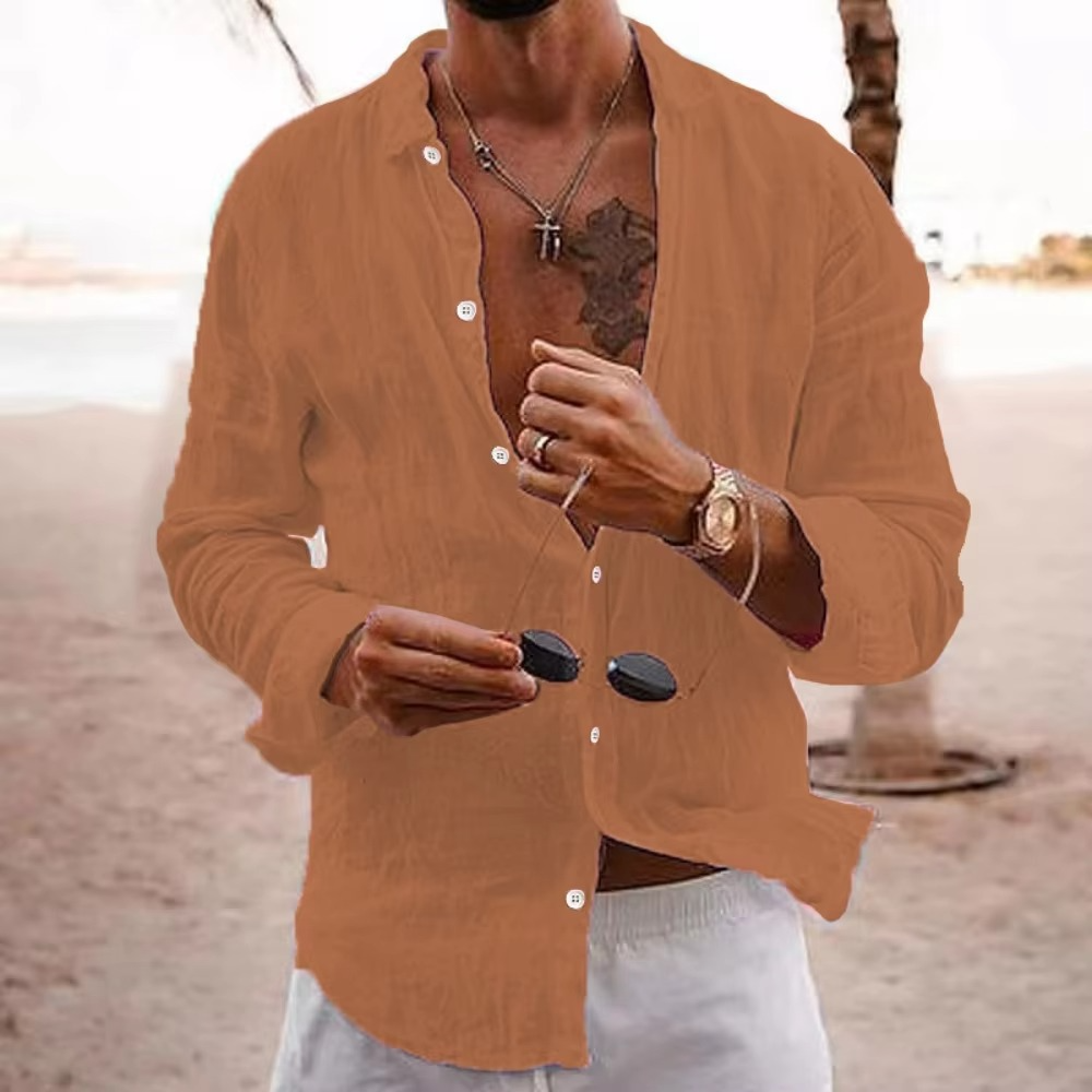 Men's white cotton linen casual shirt loose fit breathable lightweight for vacation everyday wear