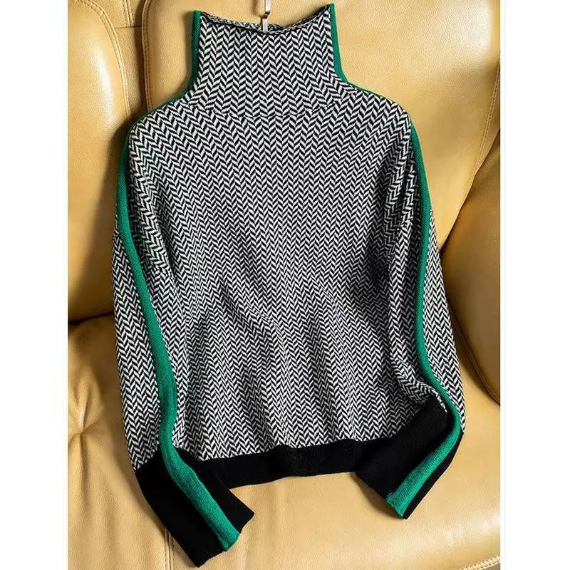 Ivory herringbone turtleneck sweater with slim fit and textured knit pattern for chic layering