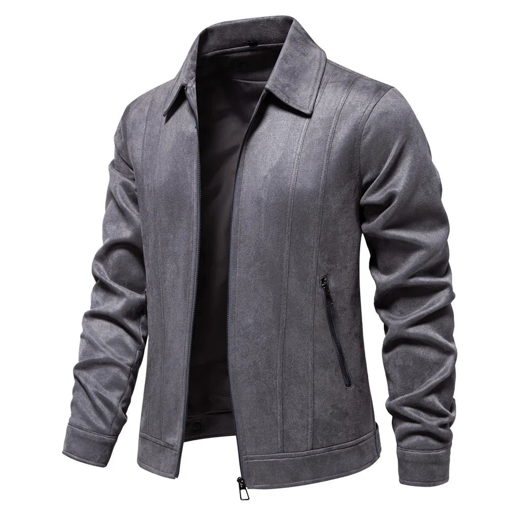 TrendAura Hudson tan suede trucker jacket slim tailored fit with turn-down collar and zippered pockets