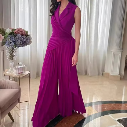 Women's sleeveless wide leg romper pleated lapel collar high waist professional style