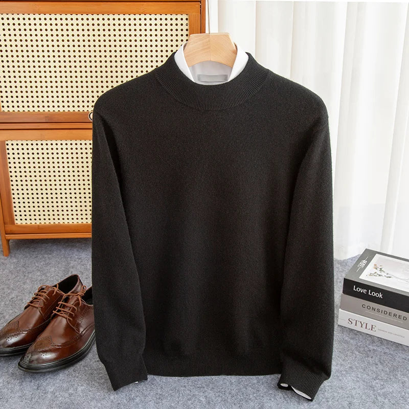 Men's dark wool knit sweater half-high collar slim-fit layering essential soft warm premium