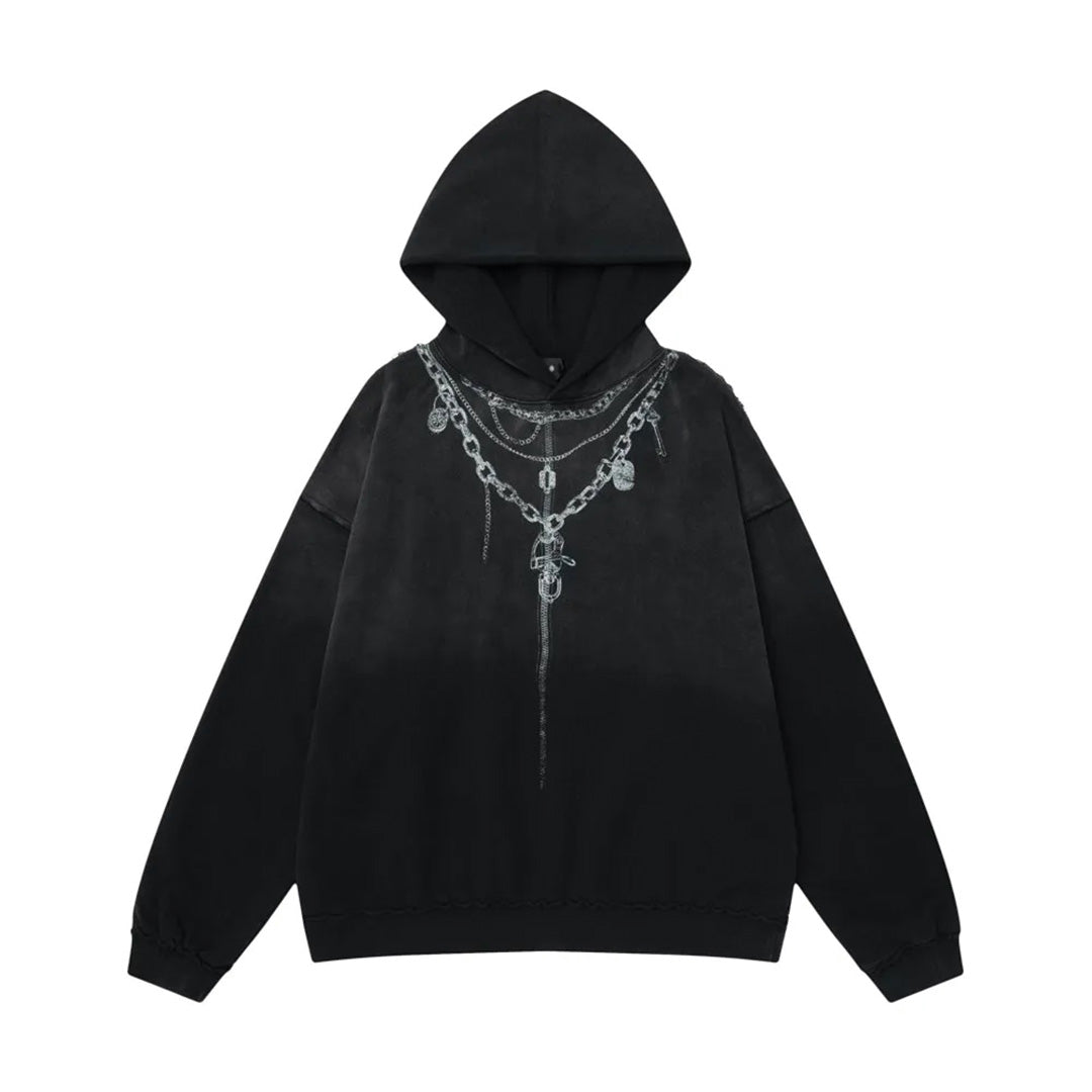 Black gradient hoodie loose fit with distressed details and bold neck chain streetwear design