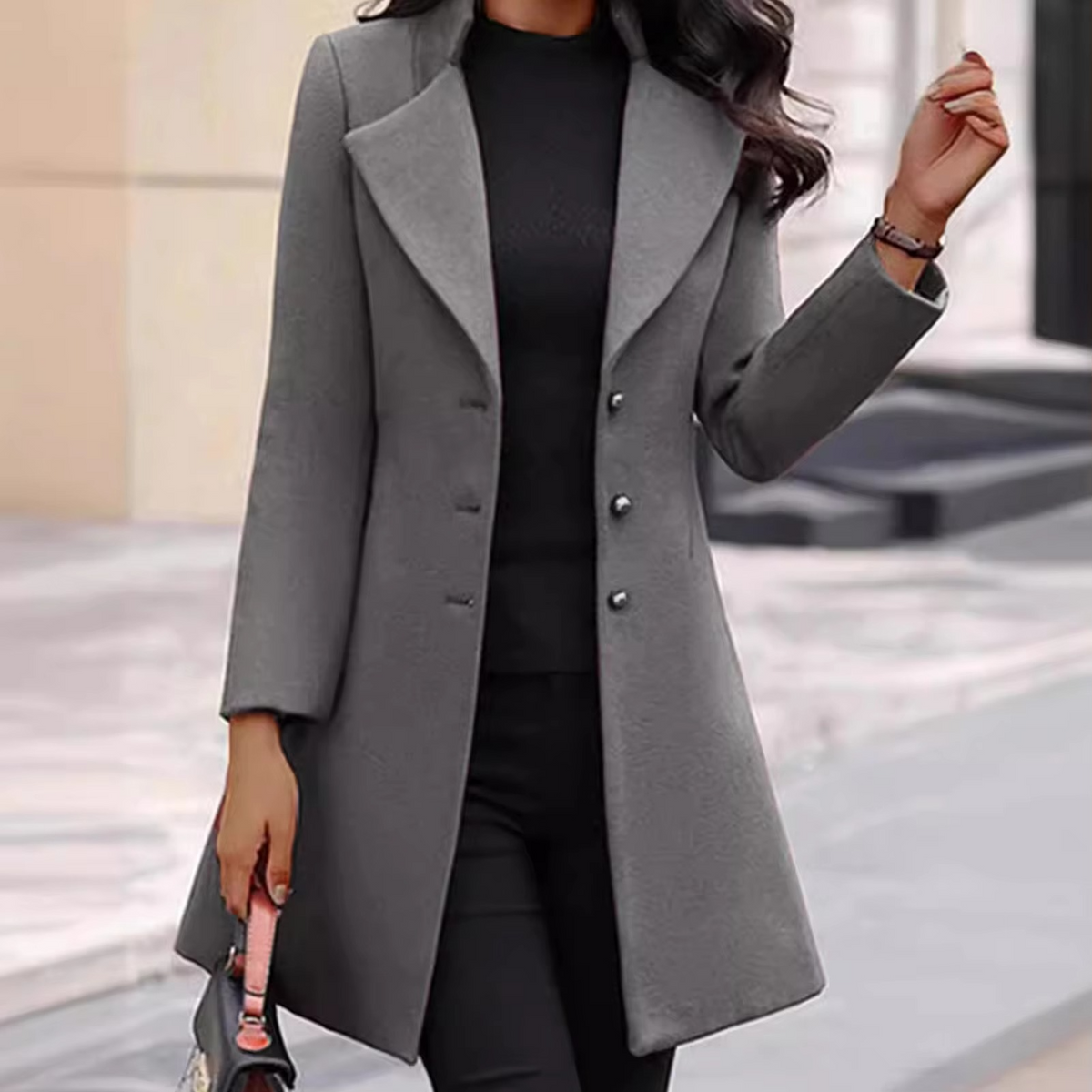 Women's slim fit mid-length wool coat single breasted winter jacket for work in neutral tone