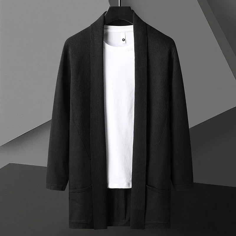 Men's long drape open-front cardigan in matte cotton linen blend with hidden pockets