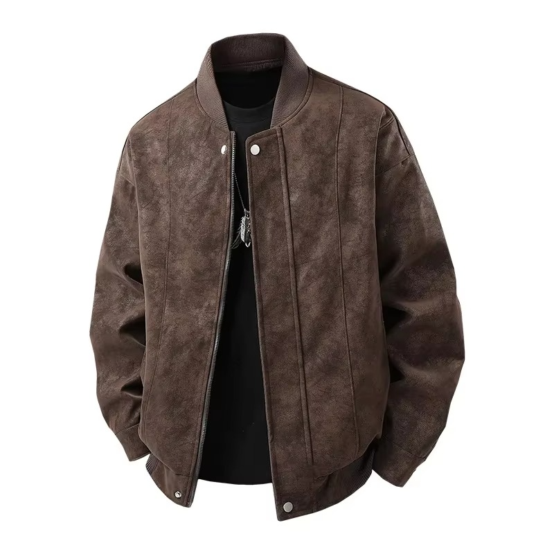 Men black faux leather bomber jacket slim waist-length Hong Kong streetwear style lightweight breathable spring